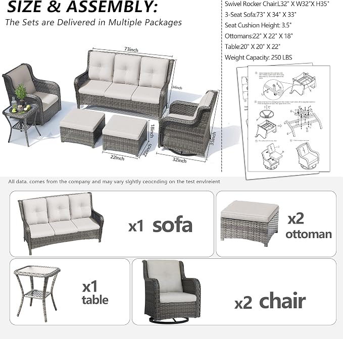 Wicker Patio Furniture Set 6 Piece Set with 1 Three-Seat Sofa, 2 Swivel Rocker Chairs, 2 Ottomans and 1 Side Table, Outdoor Furniture Patio Conversation Sets(Mixed Grey/Beige)