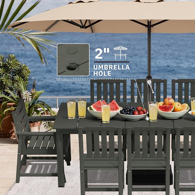 AreShark 9-Piece Outdoor Dining Set,HDPE Patio Table with 8 Armless Chairs,All-Weather Patio Furniture Set with Umbrella Hole,Low Maintenance Wood Grain Dining Set for Backyard,Garden,Poolside,Black