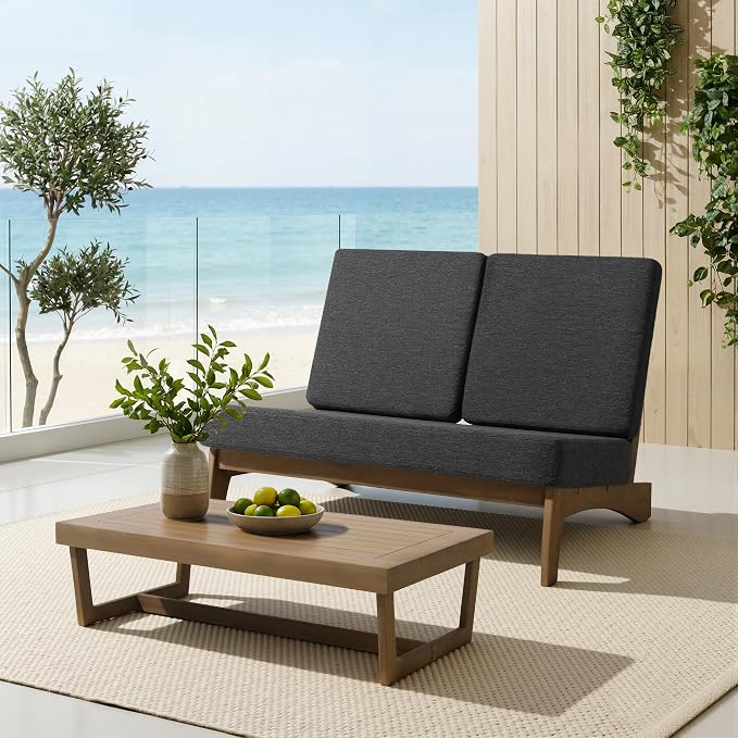 All Weather Patio Furniture Sets, 4 Pieces Teak Wood Outdoor Sectional Futniture Patio Sofa Chair Backyard Conversation Set with Solid Wooden Coffee Table - Dark Gray