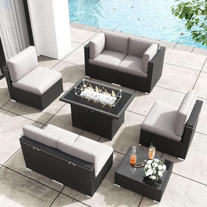 Patio Furniture Set with Fire Pit Table, 8 Pieces Outdoor All-Weather Wicker Conversation Sectional Chair Sofa Set