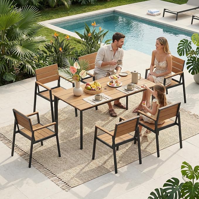Outdoor Dining Set, Patio Table and Chairs Set with Umbrella Hole, 7 Pieces HDPS + Aluminum Patio Dining Furniture Set for Backyard, Garden (Gray & Teak)