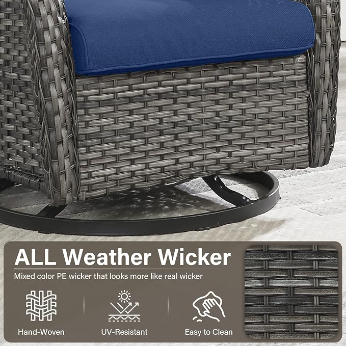 Outdoor Swivel Rocker Patio Chairs Set of 6 with Fire Table - 5" Thick Cushion 6 Piece Furniture Set with Fire Pit Table All Weather Wicker Conversation Set for Porch Deck Gery Wicker | Blue Cushions
