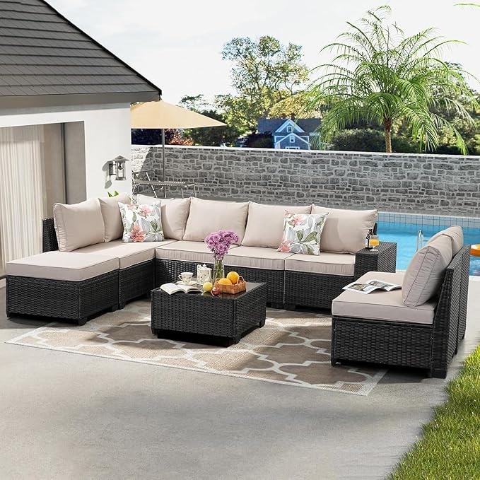 9 Pieces Patio Furniture Set, Wicker PE Rattan Outdoor Sectional with Cushion & Coffee Table, Patio Conversation Sofa for Garden, Backyard, Poolside, Beige