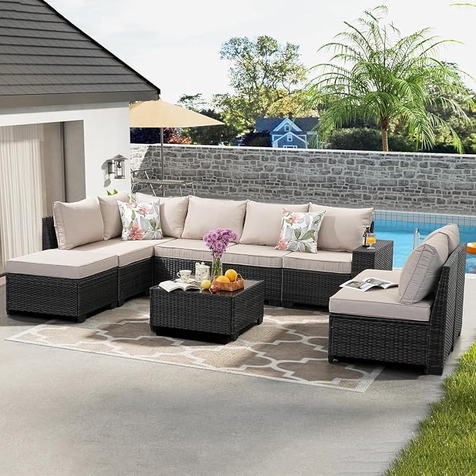 9 Pieces Outdoor Patio Furniture Set, Wicker Conversation Sets with Tea Table, Rattan Patio Sofa with Thick Cushions for Garden, Backyard Porch, Poolside,Beige