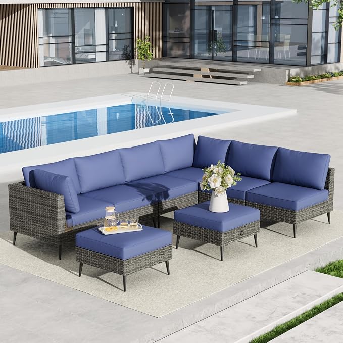 LVUYOYO 8 Pieces Outdoor Patio Furniture Set, Wicker Sectional Sofa Set for All-Weather, Rattan Conversation Sets with Cushions and Storage for Deck, Backyard, Porch (Grey)