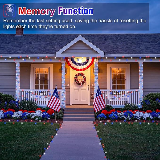 Red White and Blue Lights, 66FT 200 LED 4th of July String Lights Outdoor | Plug In Waterproof 8 Modes Connectable Patriotic Decorations Lights for Indoor Independence Memorial Day Party Holiday