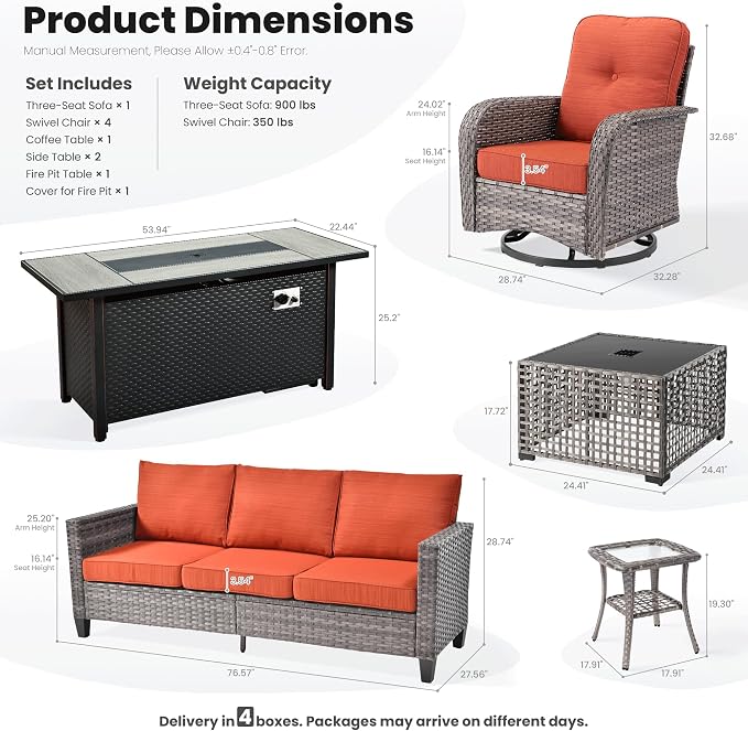 ovios 9 Pieces Patio Furniture Set, Outdoor Wicker Sofa Couch with Swivel Glider Chairs Fire Pit Table, Modern Deep Seat Rattan Conversation Sets for Deck Porch, Orange Red