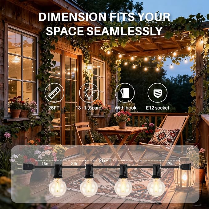 25 FT 2200K Outdoor String Lights,13 Plastic Edison Bulbs, E12 Base | G40 globe shatterproof bulbs, IP65 waterproof, dimmable LED, for backyard porch balcony party decor