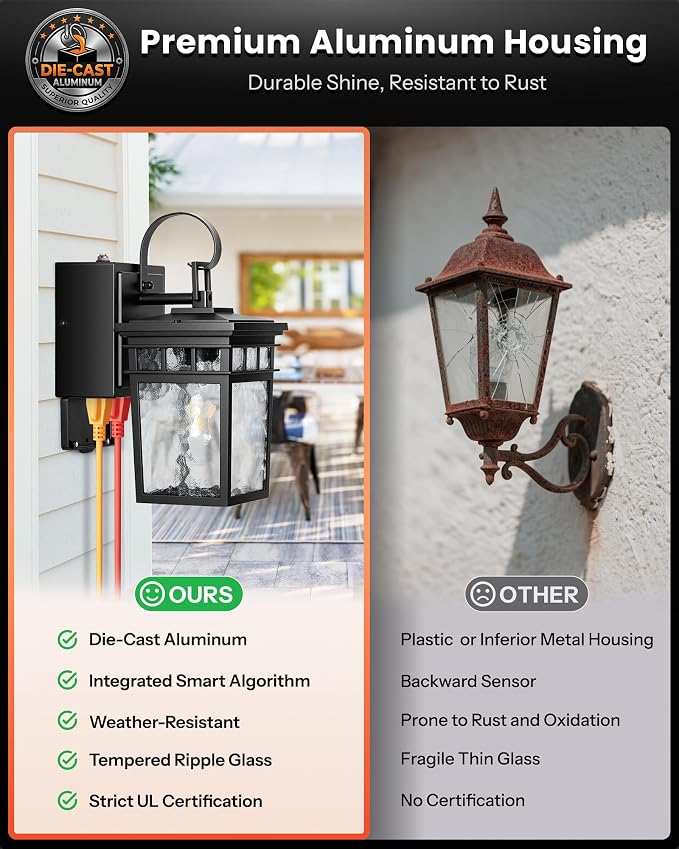 Gleamz Dusk to Dawn Outdoor Lighting with GFCI Outlet, Black Porch Lights Outdoor with Water-Ripple Glass, Anti-Rust Exterior Lights for House, Garage, Patio, Doorway, 100% Aluminum, Waterproof