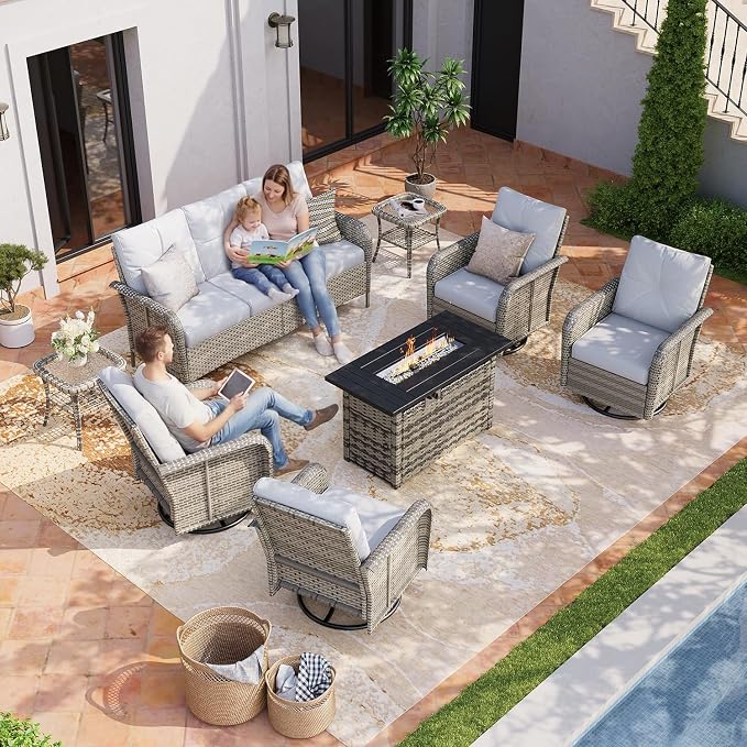 Aoxun Luxury 8-Piece Patio Furniture Set with 44'' Fire Pit Table, Wicker Rattan Sofa with Thick Cushion, Outdoor Conversation Set for Backyard, Poolside & Garden, Beige/Gray