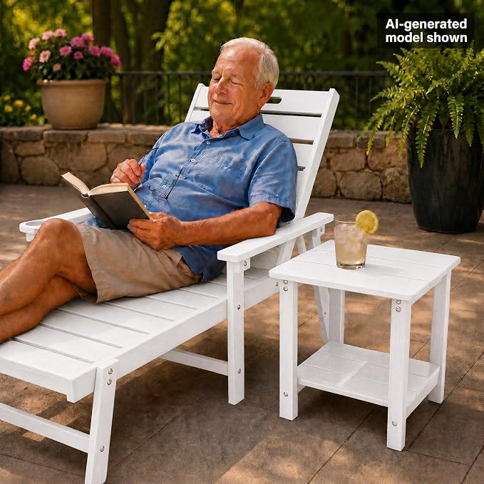 MXIMU Outdoor Side Table Set of 2: Heavy-Duty Sturdy Warp Resistant Adirondack Table - Wood Grain Finish Outdoor End Tables - Easy Assembly & Low Maintenance Patio Side Table White
