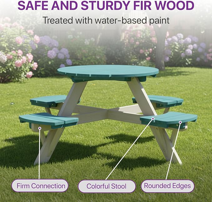 Plum® Kids Picnic Table - Wooden Toddler Table and Chairs Set, Outdoor Furniture for Patio, Garden, Backyard Dining & Activity, 4 Built-in Benches, Sturdy, Durable, Weatherproof, Ages 3+, Teal