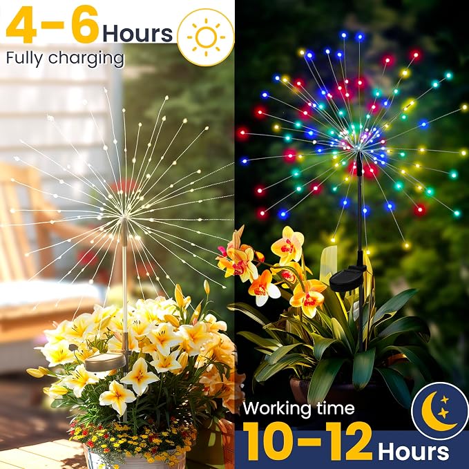 GIGALUMI 6 Pack Solar Firework Lights Outdoor, Garden Decor, Multicolored | 120 LEDs, Fairy Design, Waterproof, Garden Decor, Solar Powered for Yard, Pathway, Flowerbed, Planter, Balcony, Gifts for Mom