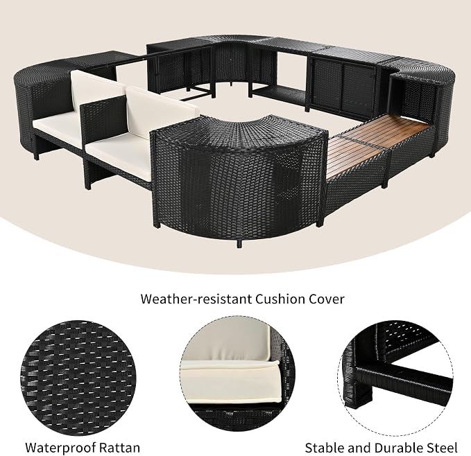 Merax Patio Furniture Set with Mini Sofa, Wooden Seats and Storage Spaces, Outdoor Conversation Sets for Patio, Lawn, Garden