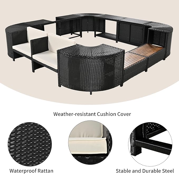 LUMISOL Square Pool Surround Spa Surround with Storage, Quadrilateral Outdoor Rattan Sectional Sofa Set with Sofa for Poolside Garden, Beige