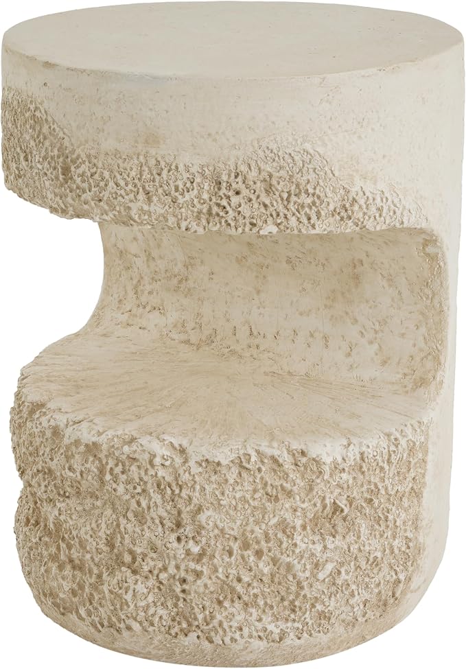 Outdoor Side Table, Modern Organic MGO Accent End Table for Patio, Living Room, Beige Tone Travertine-Look Textured