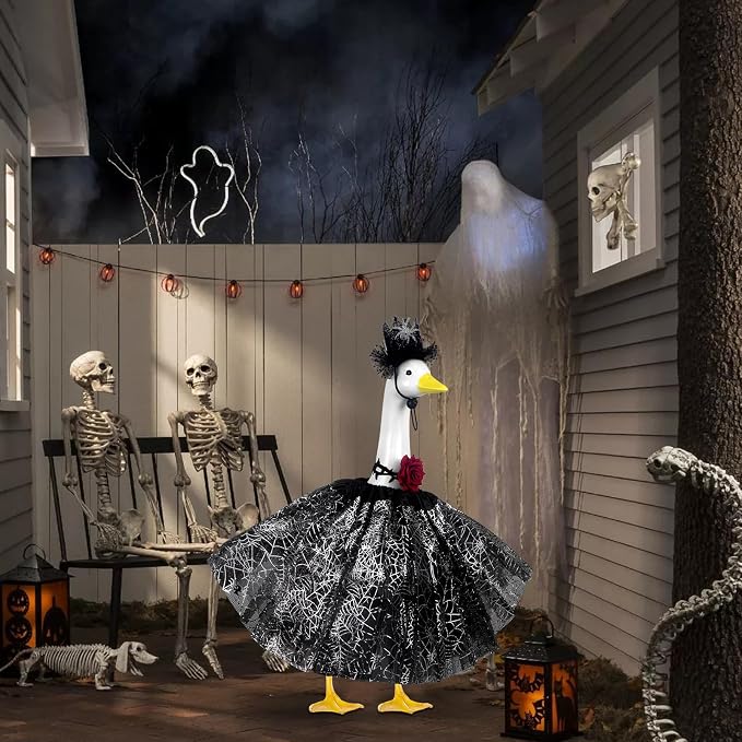alloween Porch Goose Outfits and Goose Clothes Fits 17-23 In Statue | Black Tutu Skirt Goose Costume with Rose Necklace for Outdoor Patio Yard Lawn Party Decoration