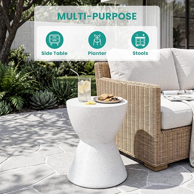 SUNBURY Outdoor Concrete Side Table, 19" H Outdoor End Tables Cement Accent Table Hourglass Shaped, Lightweight Modern Small Garden Stool, Decorative Garden Stool for Patio, Backyard, Ink Spot White