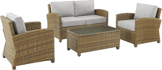 Crosley Furniture Bradenton 4-Piece Outdoor Loveseat Patio Furniture Set, Wicker Conversation Sets for Porch, Brown with Gray Cushions