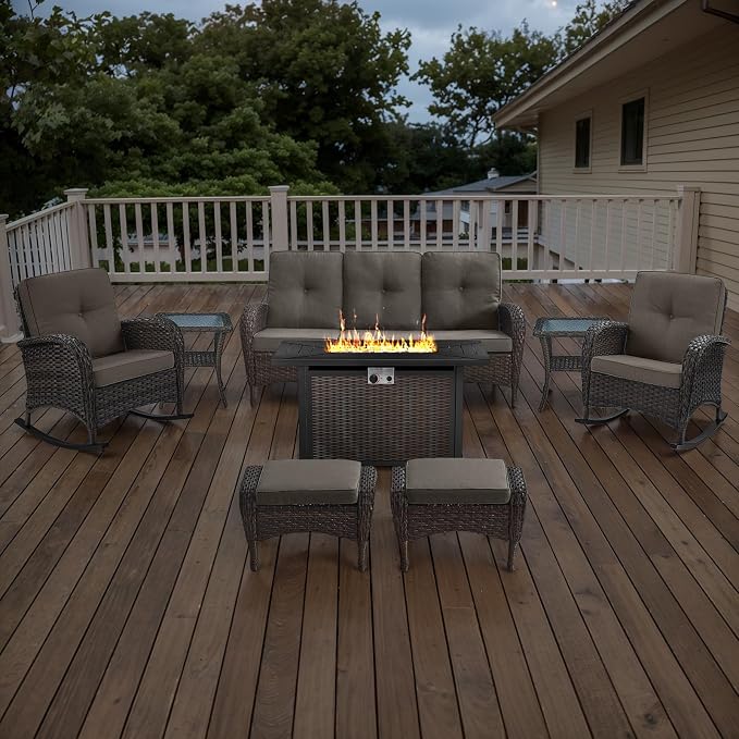 Belord Patio Furniture Set with Fire Pit Table - 8 Piece Outdoor Wicker Furniture Set with 43" 50000 BTU Propane Fire Pit and Rocking Chairs Patio Conversation Set for Deck Outside Backyard Grey