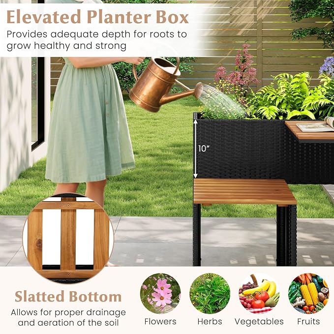HAPPYGRILL Patio Furniture Set with Raised Garden Bed, Rattan Table Chairs Set with Storage, Acacia Wood Outdoor Seating and Flower Box Set for Backyard, Porch, Deck