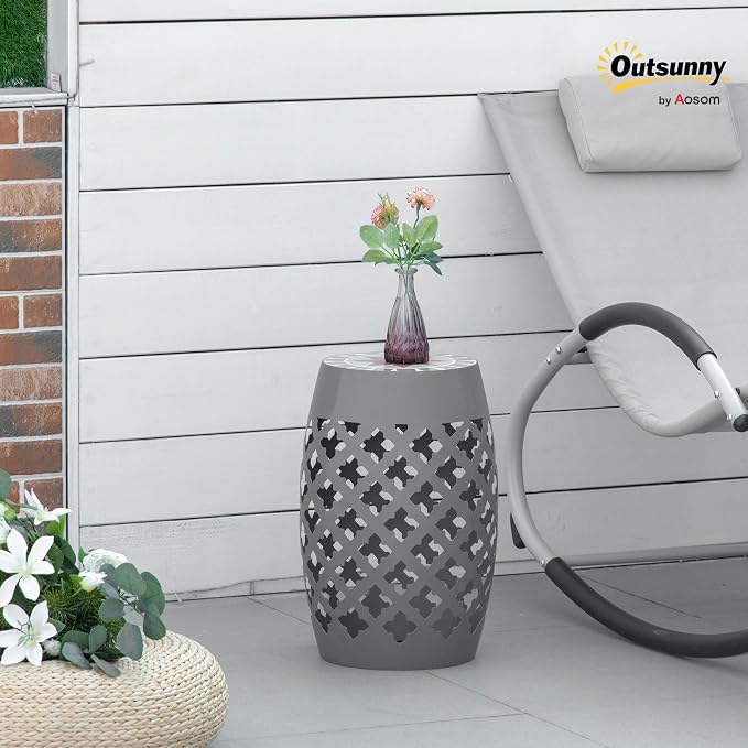 Outsunny 12" Patio Round Side Table, Outdoor Footstool, Garden Mosaic Accent Side Table, Plant Stand, Gray