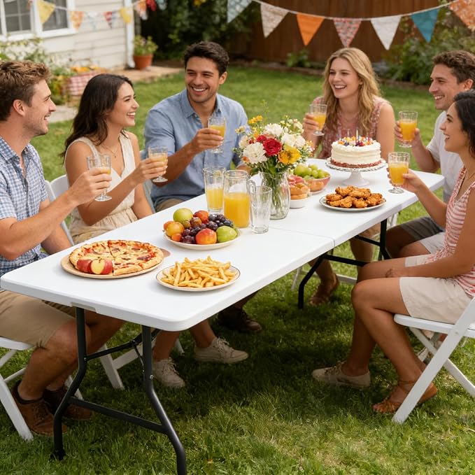 ZENY 8ft Portable Folding Table Plastic Indoor Outdoor Picnic Party Camp Dining Table with Handle, White