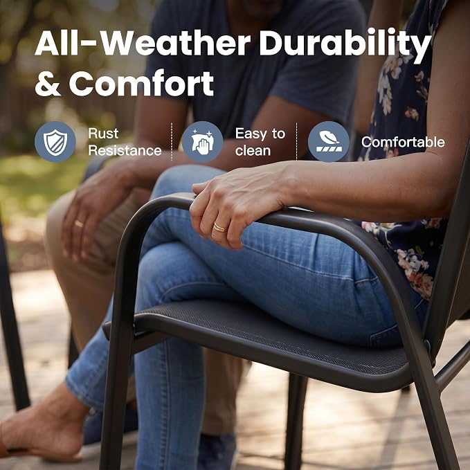 VICLLAX Patio Dining Set for 6, All Weather Metal 7 Pieces Patio Set-47.2" Round Outdoor Table and Stackable Chairs for Lawn Garden and Backyard, Black Tabletop