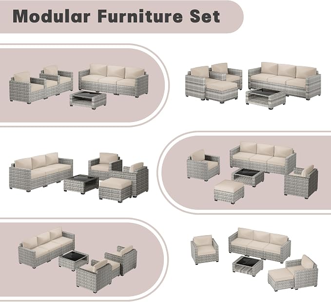 Patio Furniture Set, 7-Piece Outdoor Sectional Couch with Coffee Table & Thick Cushions, Outdoor Wicker Conversation Set for Backyard, Poolside, Garden (Grey White-White, 7 Piece-Double)