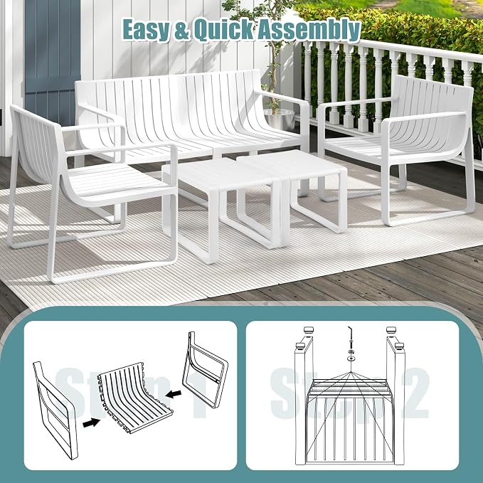 Tangkula 5-Piece Patio Furniture Set, Outdoor Conversation Set w/1 Loveseat, 2 Patio Chairs & 2 Side Tables, All-Weather Patio Bistro Set for Lawn, Backyard, Poolside, Balcony, Garden, Deck (White)