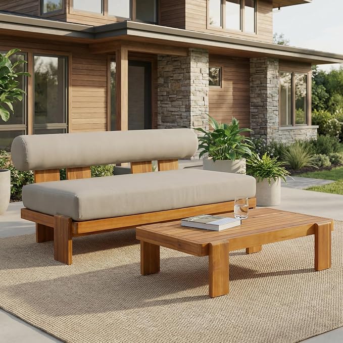 Christopher Knight Home Phobo Acacia Wood Outdoor Loveseat and Coffee Table Set, 2 Piece Patio Furniture Set with Cushion, Outdoor Conversation Set with Slatted Design for Backyard, Teak + Light Brown