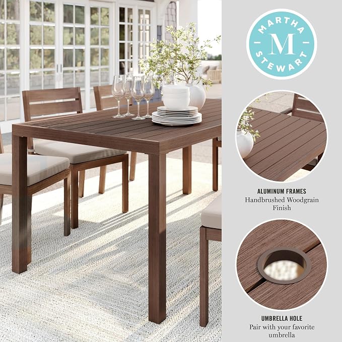 Martha Stewart Bedford 71" Indoor-Outdoor Aluminum Patio Table with Umbrella Hole and Brushed Woodgrain Finish in Gray