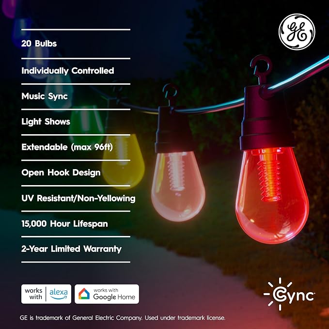 Cync GE Dynamic Effects Color Changing Smart Outdoor String Lights, 48ft | App control, Alexa & Google compatible, color changing patio cafe lights, weather resistant, 48ft, dynamic lighting effects