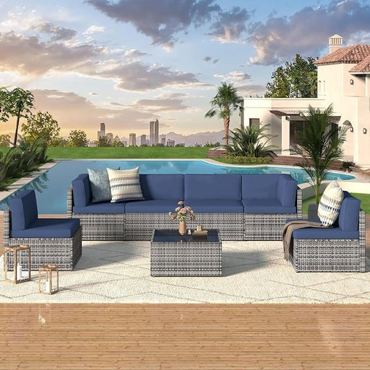 7-Piece PE Rattan Patio Furniture Set with Outdoor Wicker Sectional Sofa and Chairs with Tea Table for Backyard, Garden, Porch, or Deck Conversation Lounge(Blue2)