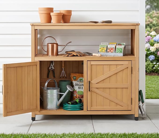 Wooden Patio Bar Table Set with Storage, Buffet Cabinet Sideboard for Outdoor and Indoor