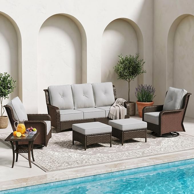 Sundale Outdoor 6 Piece Wicker Patio Furniture Set, High Back Outdoor Couch with Swivel Chairs & Ottoman, 6" Thick Cushion Patio Conversation Sets with Deep Seating for Yard, Deck (Grey)