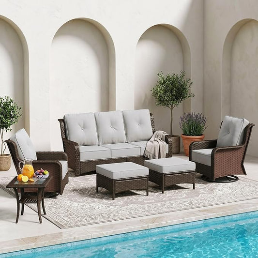 Sundale Outdoor 6 Piece Wicker Patio Furniture Set, High Back Outdoor Couch with Swivel Chairs & Ottoman, 6" Thick Cushion Patio Conversation Sets with Deep Seating for Yard, Deck (Grey)