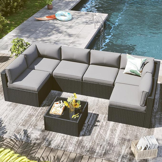 LazySunsets 7 Piece Outdoor Patio Furniture Set with Coffee Table, Outdoor Patio Furniture Sets with 4'' Thicken Cushion, Wicker Rattan Outdoor Conversation Set for Backyard, Light Grey