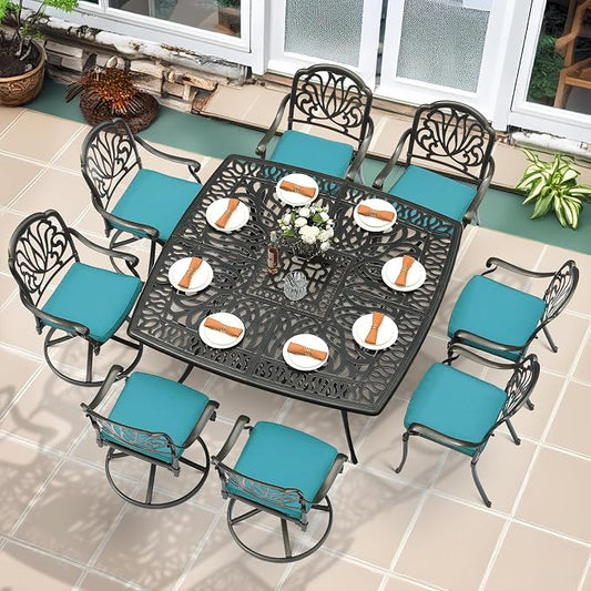 MEETWARM 9-Piece Outdoor Patio Dining Set for 8, All Weather Cast Aluminum Patio Funiture Table and Chairs Set- Large 64" Square Table, 4 Swivel Rocker Chairs, 4 Stationary, Umbrella Hole, Ocean Blue