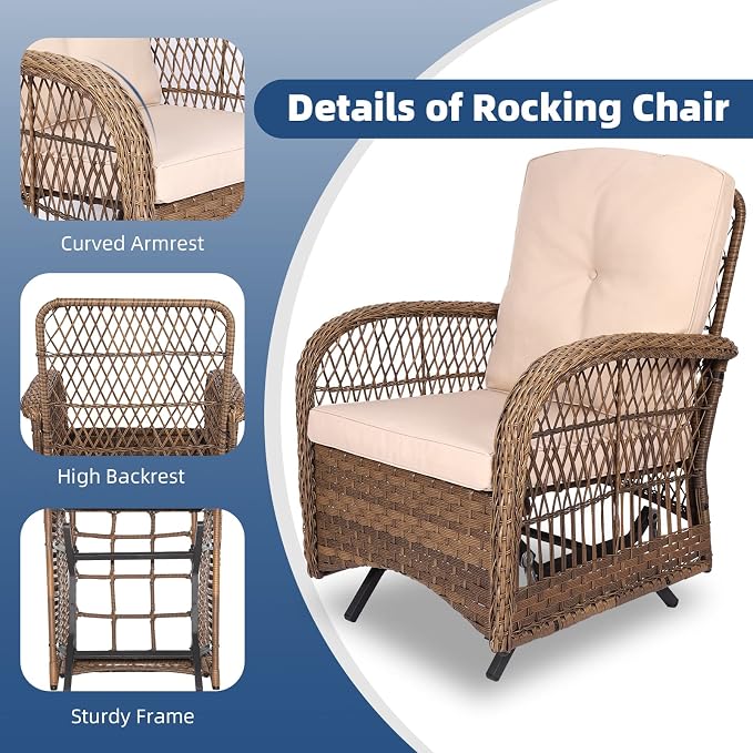 Outdoor Wicker Glider Rocker Chair, Patio Rattan Gliding Rocking Chairs Set of 2 with Thickened Cushions, All-Weather Wicker Furniture Sets for Porch Garden & Backyard