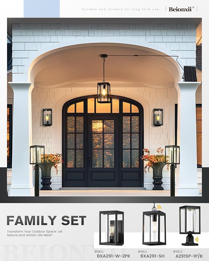 Beionxii 15" Solar Outdoor Pendant Light,Farmhouse Exterior Hanging Lantern | Anti-Rust Aluminum, Waterproof, Dusk to Dawn Modern Outside Chandelier w/Remote and Bulb for Coastal, Porch, Patio, BXA291-SH