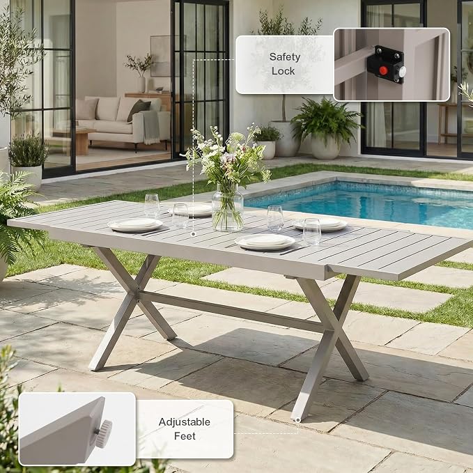 SUNSITT 9 Piece Outdoor Patio Dining Set, 65" - 107" Metal Expandable Outdoor Dining Table with X-Shape Legs, 8 Woven Wicker Outdoor Patio Chairs w/Curved Armrest for Garden, Beige