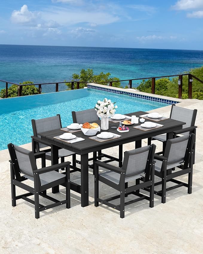 SERWALL 7 Pcs HDPE Patio Dining Set with 1 Table & 6 Woven Chairs, Gray | HDPE Outdoor Dining Set with Rectangular Table & 6 Woven Chairs, All-Weather Patio Dining Furniture