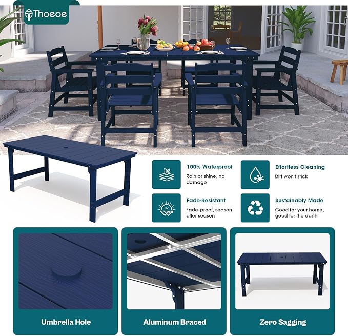 THOEOE Outdoor Dining Chair Set of 2, Patio Dining Chairs with Arms, All-Weather HDPE Outdoor Chairs for Garden, Poolside, Deck, Navy Blue