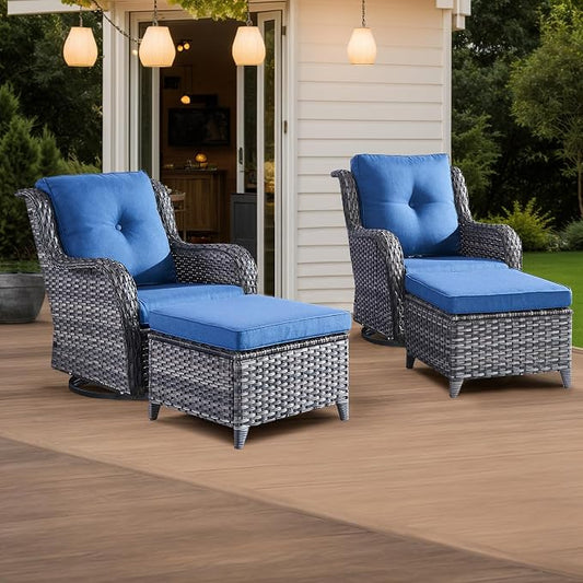 HUMMUH 4 Piece Outdoor Patio Furniture Set Wicker Conversation Bistro Set Swivel Rocker Chairs with 2pcs Ottomans for Backyard, Porch, Balcony
