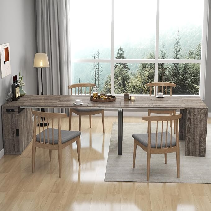 23.62”-118.11” Extendable Dining Room Table, 1-10 People Wood Long Foldable Tables with Storage Cabinet & Outlet, Space Saving Expanding Table with for Kitchen, Living Room, Party, Brown