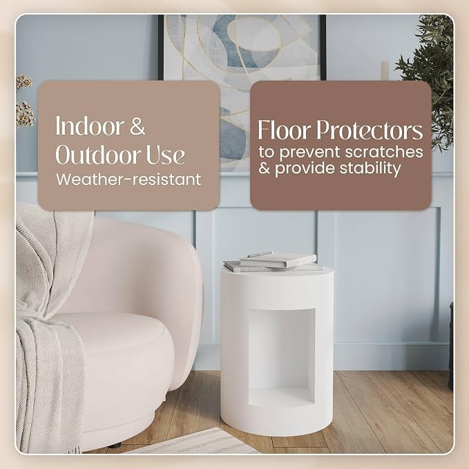 LeisureMod 14” Wide White Round Side Table in Fiberstone with Open Storage, Painted Finish, for Modern Indoor Outdoor Use, Living Room, Bedroom, Patio, Garden