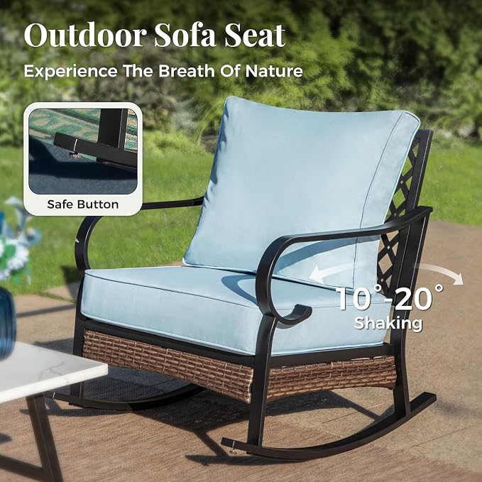 MIXPATIO Patio Furniture Set with Coffee Table, Outdoor Conversation Set with 2 x Rocking Chair, 1 x 2-Seat Sofa for Lawn Garden Backyard, Blue