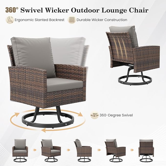 Amopatio Outdoor Patio Furniture Set, 6 Pieces Conversation Sofa with 360° Swivel Chairs, All Weather Wicker Outdoor Furniture for Backyard Garden Pool Deck,Grey
