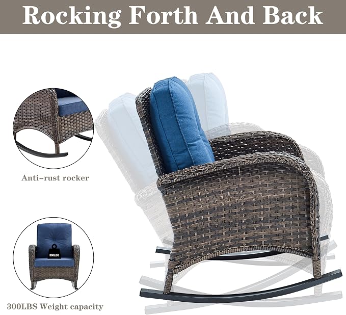 Belord Patio Rocking Chairs Furniture Set - 5 Piece Outdoor Wicker Furniture Sets with Ottomans, Small Patio Conversation Sets with Wicker Rocking Chairs Brown/Blue